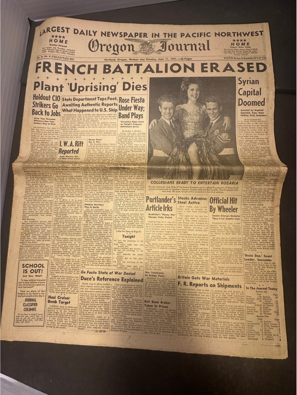 1941 Oregon Journal June 11 WWII French Battalion Erased Newspaper Antique